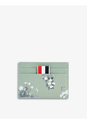 Floral-print grained leather card holder
