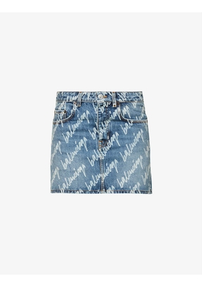 Brand-print low-rise denim mini skirt