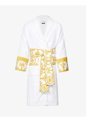 Baroque-print belted cotton-towelling robe
