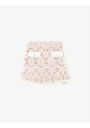 Floral-lace pocket-embellished woven mini skirt