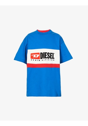 Diesel Mens Blue, White and Red Cotton Jersey T-Streap-Division Logo-print T-shirt, Size: XXL