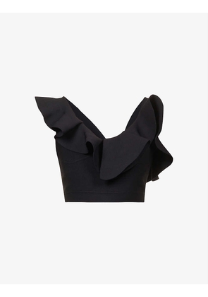 Frilled-neck cropped stretch-woven top