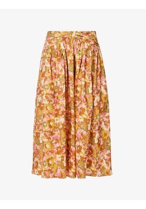Violet floral-print cotton midi skirt