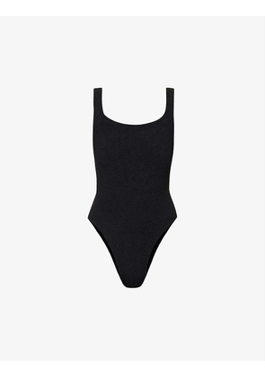 Square-neck seersucker-weave swimsuit