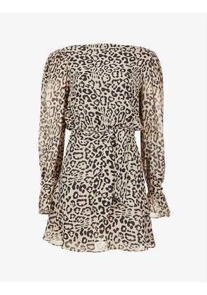 Leopard-print frill-trimmed silk-crepe mini-wrap dress