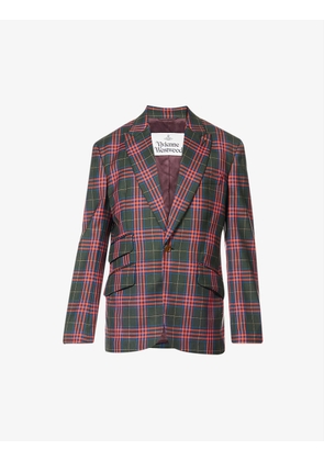 Plaid notched-lapel relaxed-fit wool jacket