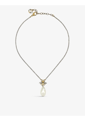 Bee-motif aged gold-toned pearl and crystal-embellished necklace