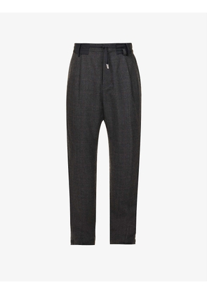 Drawstring-waist plaid-pattern regular-fit tapered wool trousers