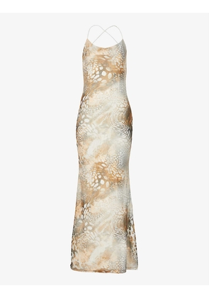 Cowl-neck animal-pattern mesh maxi dress