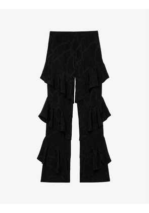 Poum jacquard-effect ruffle-detail silk trousers