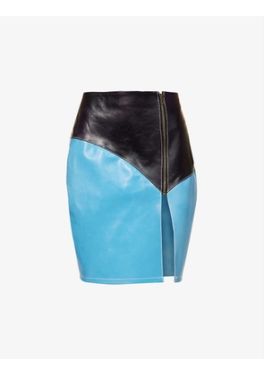 Kaki contrast-panel leather mini skirt