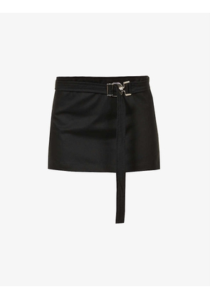 Belted low-rise denim mini skirt