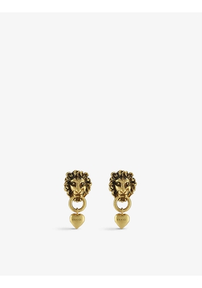Lion Head brand-embossed brass drop earrings