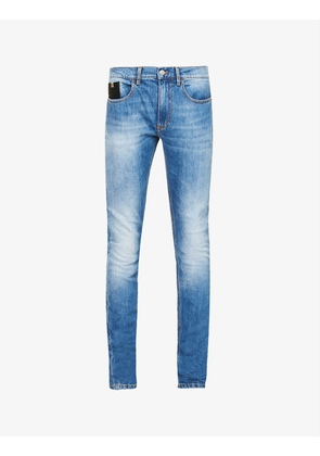 Brand-print slim-fit straight-leg stretch-denim jeans