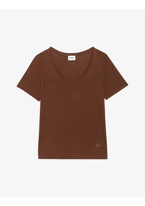 Tibo logo-embroidered scoop-neck linen-blend T-shirt