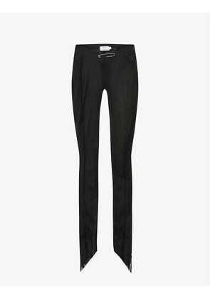 Asymmetric slim-leg low-rise upcycled-mesh trousers