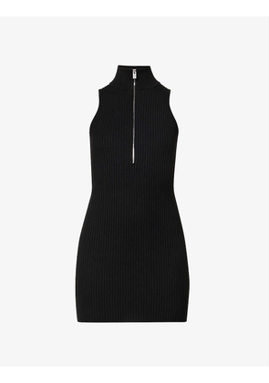 Half-zip ribbed stretch-knit mini dress