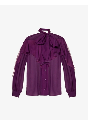 Ruffle-trim sheer silk blouse