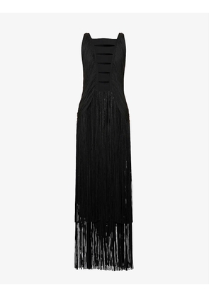 Cut-out fringed recycled rayon-blend maxi dress