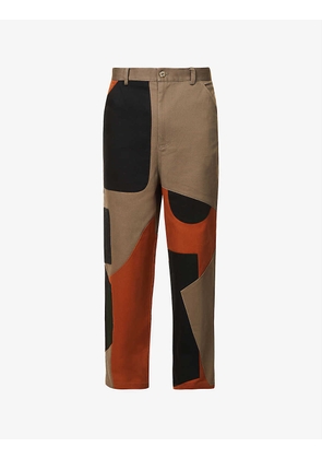 Contrast-patch relaxed-fit tapered-leg cotton-twill trousers