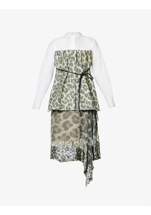 Leopard-print panel cotton-chiffon shirt