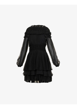 Ruffle-tiered semi-sheer silk-crepe mini dress