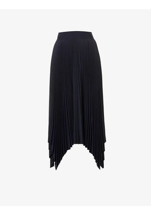 Pleated asymmetric-hem wool-blend midi skirt