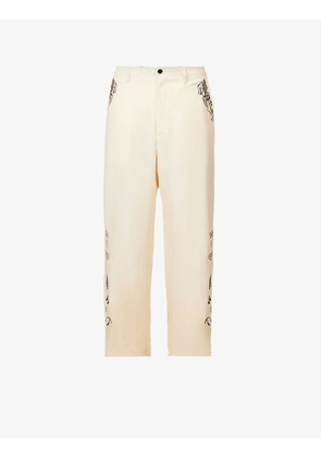 Rayon floral-embroidered relaxed-fit straight-leg woven twill trousers