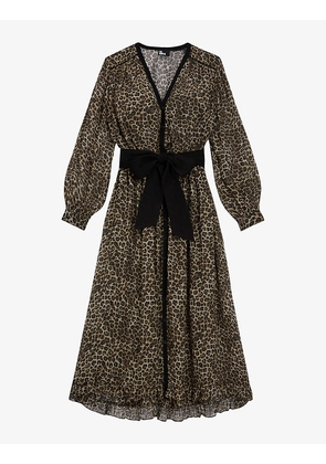 Leopard-print belted crepe midi dress