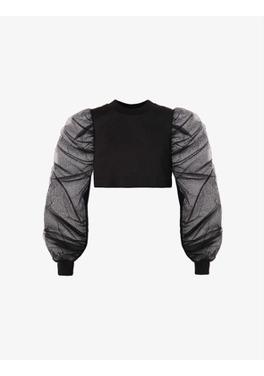Puff-sleeve cropped cotton sweatshirt