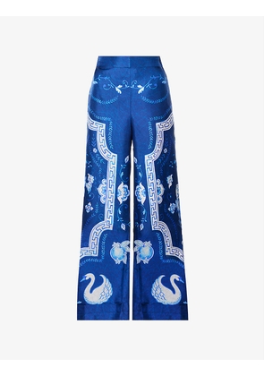 Graphic-pattern mid-rise wide-leg silk trousers