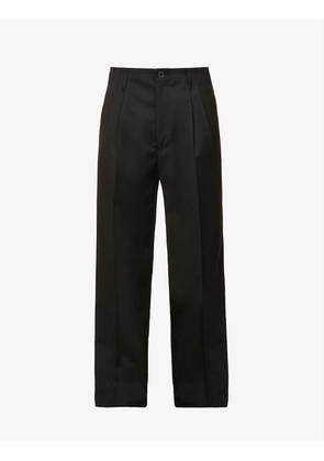 Pleated pressed-crease relaxed-fit straight-leg wool trousers