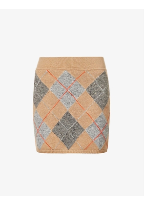 Diamond-pattern high-waist wool-blend mini skirt