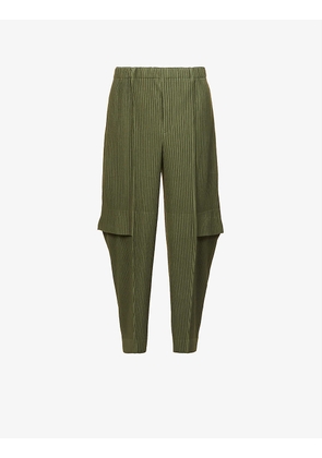 Cargo pleated mid-rise straight-leg woven trouser