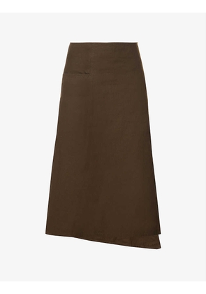 Asymmetric high-waist cotton-poplin midi skirt