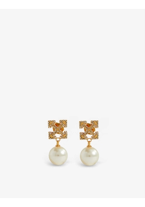 Arrow-logo brass, crystal and pearl drop earrings