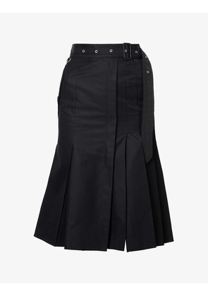 Pleated split-hem cotton midi skirt