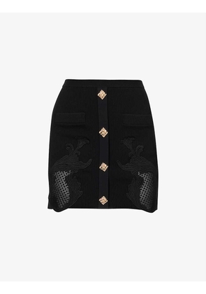 Lace-embroidered button-up stretch-woven mini skirt