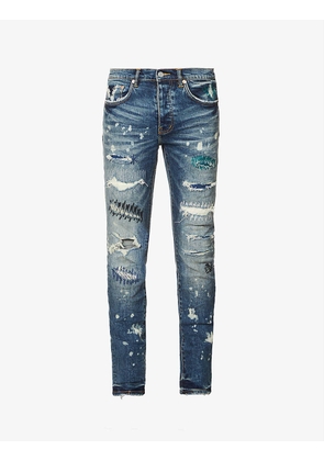 Distressed zig-zag repair slim-fit low-rise stretch-denim jeans