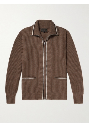 Beams Plus - Contrast-Tipped Ribbed Wool-Blend Cardigan - Men - Brown - S
