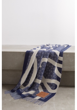 Loewe - Anagram Leather-trimmed Fringed Wool-jacquard Throw - Blue - One size