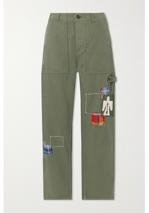 Fortela - Jacey Appliquéd Herringbone Cotton Straight-leg Cargo Pants - Green - 24,25,26,27,28,29,30,31