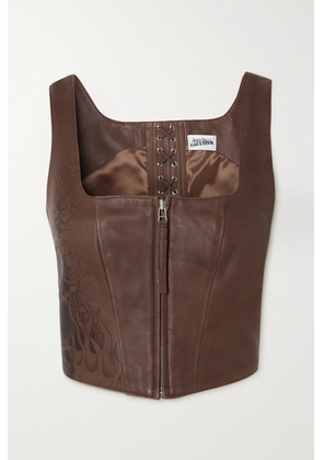 Jean Paul Gaultier - Cropped Lace-up Printed Leather Bustier Top - Brown - FR34,FR36,FR38,FR40,FR42