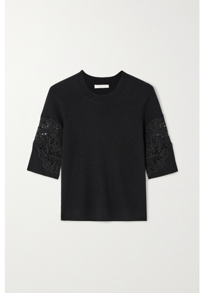 Chloé - Guipure Lace-trimmed Ribbed Wool-blend Top - Black - x small,small,medium,large,x large