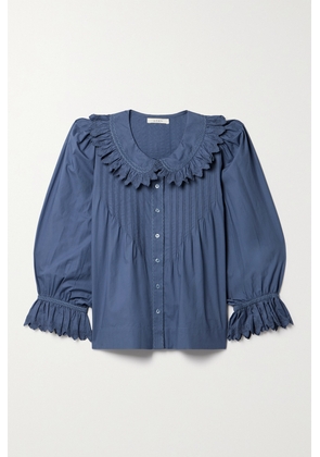 DÔEN - + Net Sustain Hickory Ruffled Pintucked Embroidered Organic Cotton-poplin Blouse - Blue - xx small,x small,small,medium,large,x large,xx large