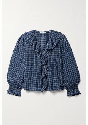 DÔEN - + Net Sustain Hardy Ruffled Pintucked Checked Organic Cotton-voile Blouse - Blue - xx small,x small,small,medium,large,x large,xx large