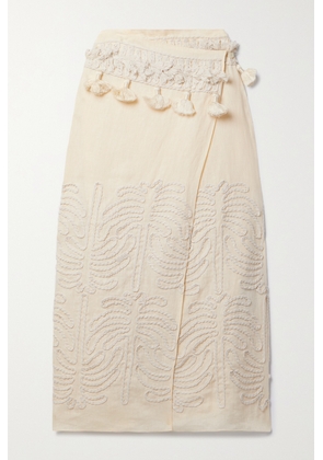 Johanna Ortiz - + Net Sustain Tansania Sun Tassled Embroiderd Linen And Cotton-blend Midi Wrap Skirt - Ecru - US0,US2,US4,US6,US8,US10,US12