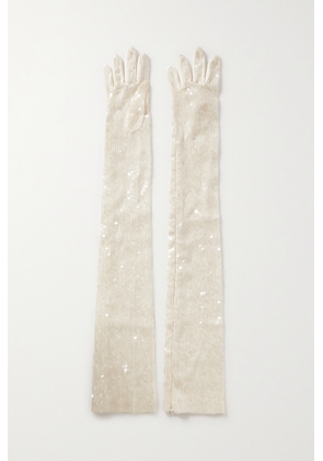 Safiyaa - Sequined Satin Gloves - White - FR34,FR36,FR38,FR40,FR42
