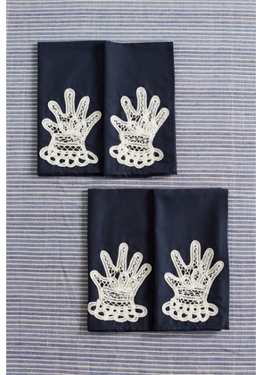 Gohar World - Hands Set Of Four Lace-appliquéd Cotton Napkins - Blue - One size