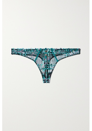 Fleur du Mal - + Net Sustain Gabrielle Embellished Embroidered Recycled-tulle Thong - Blue - 1,2,3,4,5